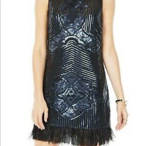 BCBG MAXAZRIA Caterina Sequined Ostrich Trim Dress